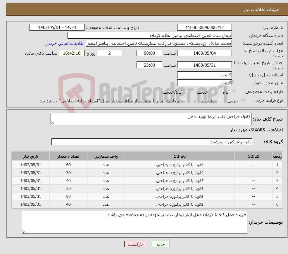 تصویر کوچک آگهی نیاز انتخاب تامین کننده-کانول جراحی قلب الزاما تولید داخل
