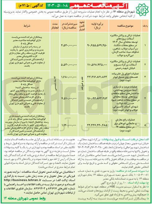 تصویر کوچک آگهی عملیات تراش و روکش مکانیزه آسفالت پروژه های توسعه محله ای سال 1403 در سطح محلات دلگشا،سرآسیاب دولاب ،شاهین ،شکوفه ،مینا،صاحب الزمان ،نبی اکرم و دولاب