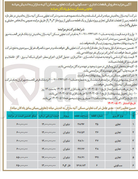 تصویر کوچک آگهی فروش 5 قطعه زمین از قطعات تفکیکی تجاری پروژه نیاوران و یک قطعه مسکونی از پروژه فاز 3 و 4 