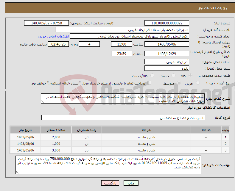 تصویر کوچک آگهی نیاز انتخاب تامین کننده-شهرداری محمدیار در نظر دارد نسبت به خرید شن ماسه شکسته،بادامی و نخودی کوهی جهت استفاده در پروژه های عمرانی اقدام نماید.