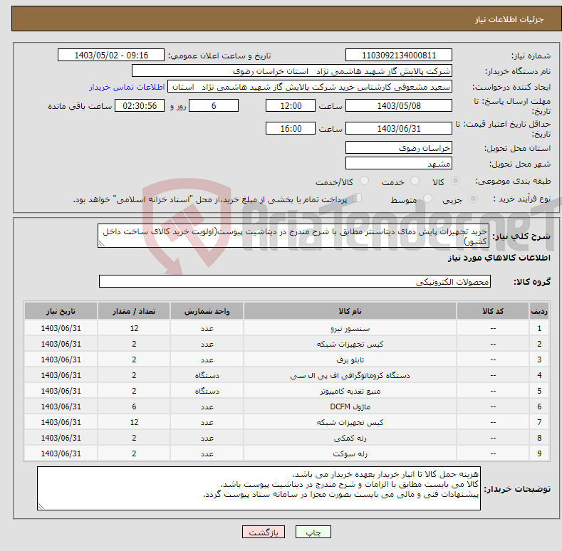 تصویر کوچک آگهی نیاز انتخاب تامین کننده-خرید تجهیزات پایش دمای دیتاسنتر مطابق با شرح مندرج در دیتاشیت پیوست(اولویت خرید کالای ساخت داخل کشور)