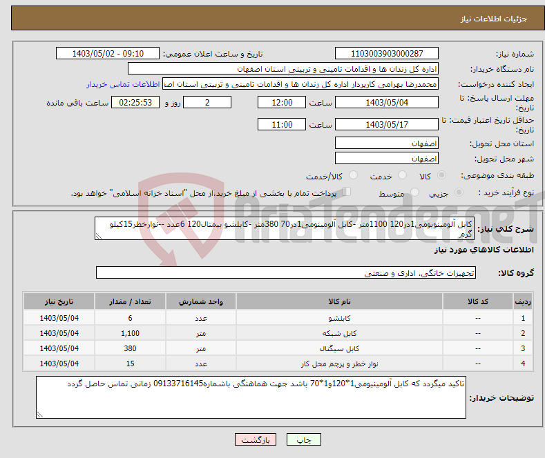تصویر کوچک آگهی نیاز انتخاب تامین کننده-کابل آلومینویومی1در120 1100متر -کابل آلومینومی1در70 380متر -کابلشو بیمتال120 6عدد --نوارخطر15کیلو گرم