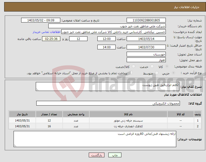 تصویر کوچک آگهی نیاز انتخاب تامین کننده-2قلم ابزاردقیق طبق ژیوست
