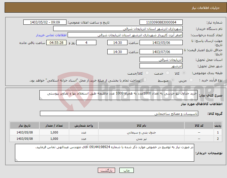 تصویر کوچک آگهی نیاز انتخاب تامین کننده-خرید جداول نیو جرسی به تعداد 1000عدد به همراه 1000 عدد ماهیچه طبق استعلام بها و تصاویر پیوستی