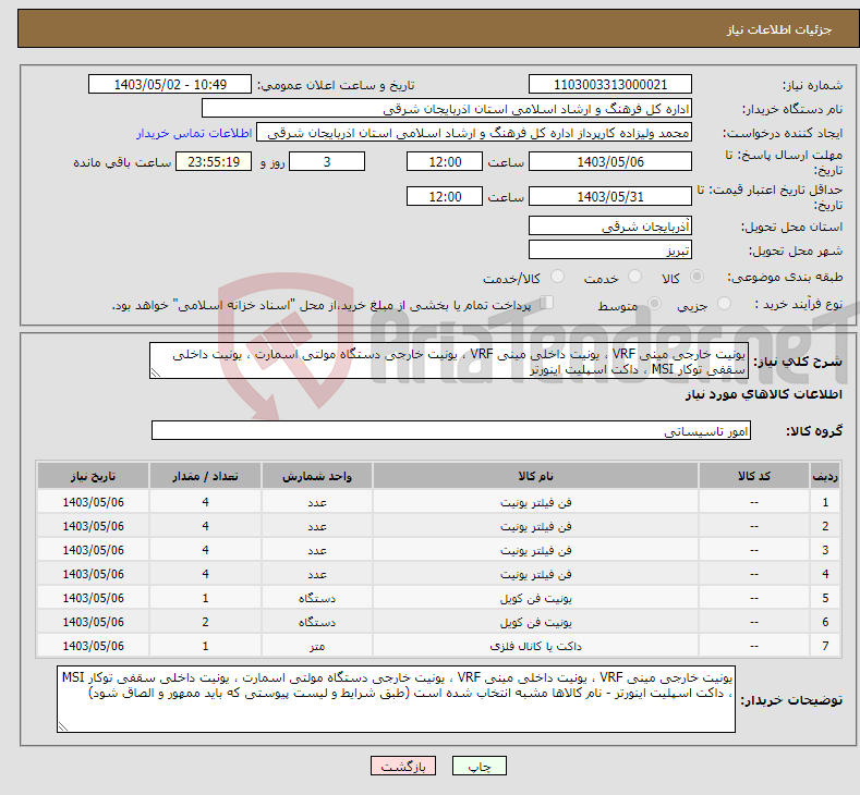 تصویر کوچک آگهی نیاز انتخاب تامین کننده-یونیت خارجی مینی VRF ، یونیت داخلی مینی VRF ، یونیت خارجی دستگاه مولتی اسمارت ، یونیت داخلی سقفی توکار MSI ، داکت اسپلیت اینورتر 