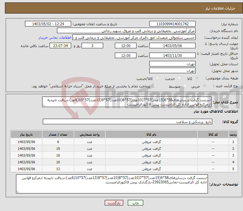 تصویر کوچک آگهی نیاز انتخاب تامین کننده-استنت گرفت درسایزهای58*6(15عدد)57*7(10عدد)57*8(10عدد)57*9(13عدد)57*10(6عد)-دریافت تاییدیه ازمرکزو قوانین اداره کل الزامیست پیش فاکتورالزامیست