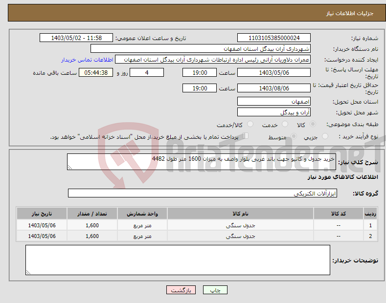 تصویر کوچک آگهی نیاز انتخاب تامین کننده-خرید جدول و کانیو جهت باند غربی بلوار واصف به میزان 1600 متر طول 4482
