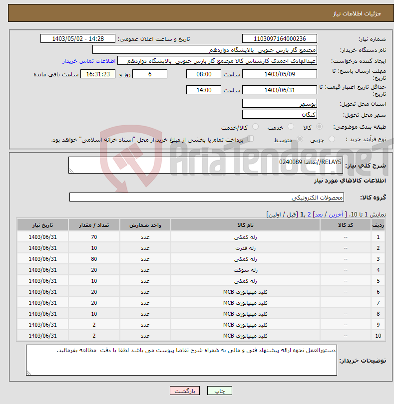 تصویر کوچک آگهی نیاز انتخاب تامین کننده-RELAYS//تقاضا 0240089
