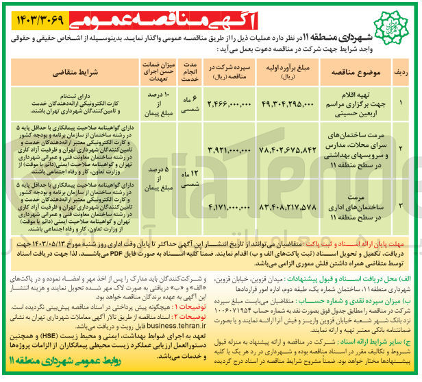 تصویر کوچک آگهی واگذاری مرمت ساختمان های سرای محلات مدارس و سرویسهای بهداشتی در سطح منطقه 11