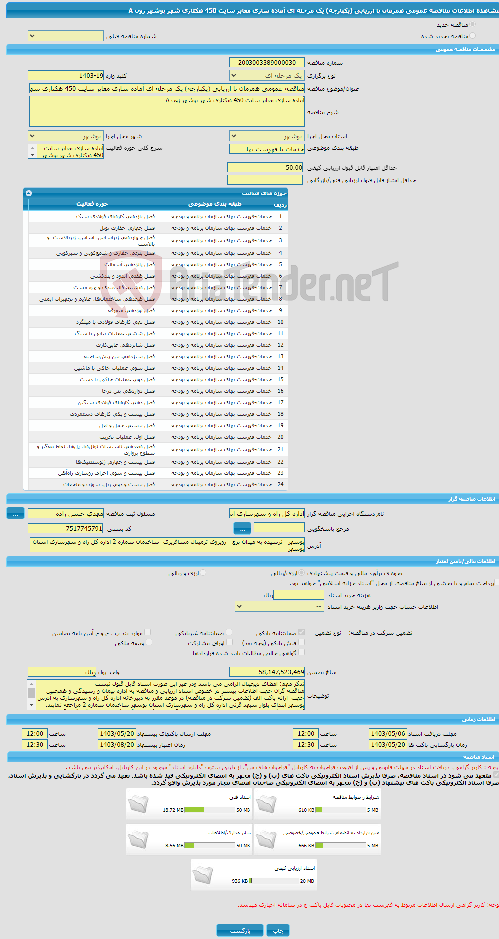 تصویر کوچک آگهی مناقصه عمومی همزمان با ارزیابی (یکپارچه) یک مرحله ای آماده سازی معابر سایت 450 هکتاری شهر بوشهر زون A