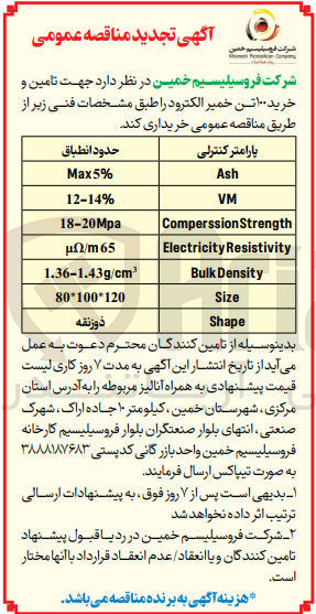 تصویر کوچک آگهی تامین و خرید 100 تن خمیر الکترود با پارامتر کنترلی :
ASH
VM
COMPRESSION STRENGTH
ELECTRICITY RESISTIVITY
BULK DENSITY
SIZE
SHAPE