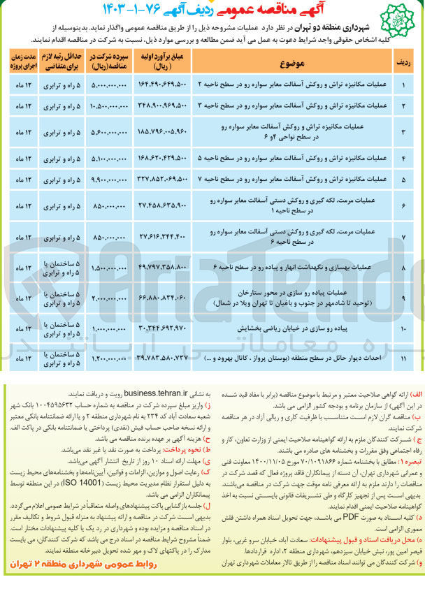 تصویر کوچک آگهی عملیات مکانیزه تراش و روکش آسفالت معابر سواره رو در سطح ناحیه ۳
