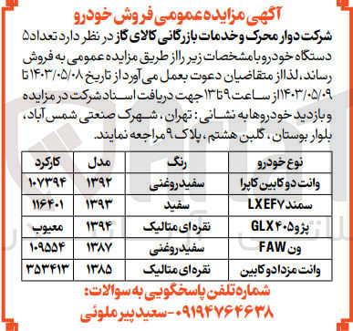 تصویر کوچک آگهی تعداد ۵ دستگاه خودرو :
 وانت دو کابین کاپرا رنگ سفید روغنی
سمند LXEF۷ رنگ سفید
پژو۴۰۵ GLX رنگ نقره ای متالیک 
ون FAW رنگ سفید روغنی
وانت مزدا دو کابین رنگ نقره ای متالیک 