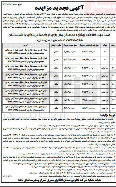 تصویر کوچک آگهی واگذار تامین بخشی از هزینه های مربوطه و تصفیه حساب بدهی دیون شرکت کلیه حقوق خود در واحدهای مسکونی 