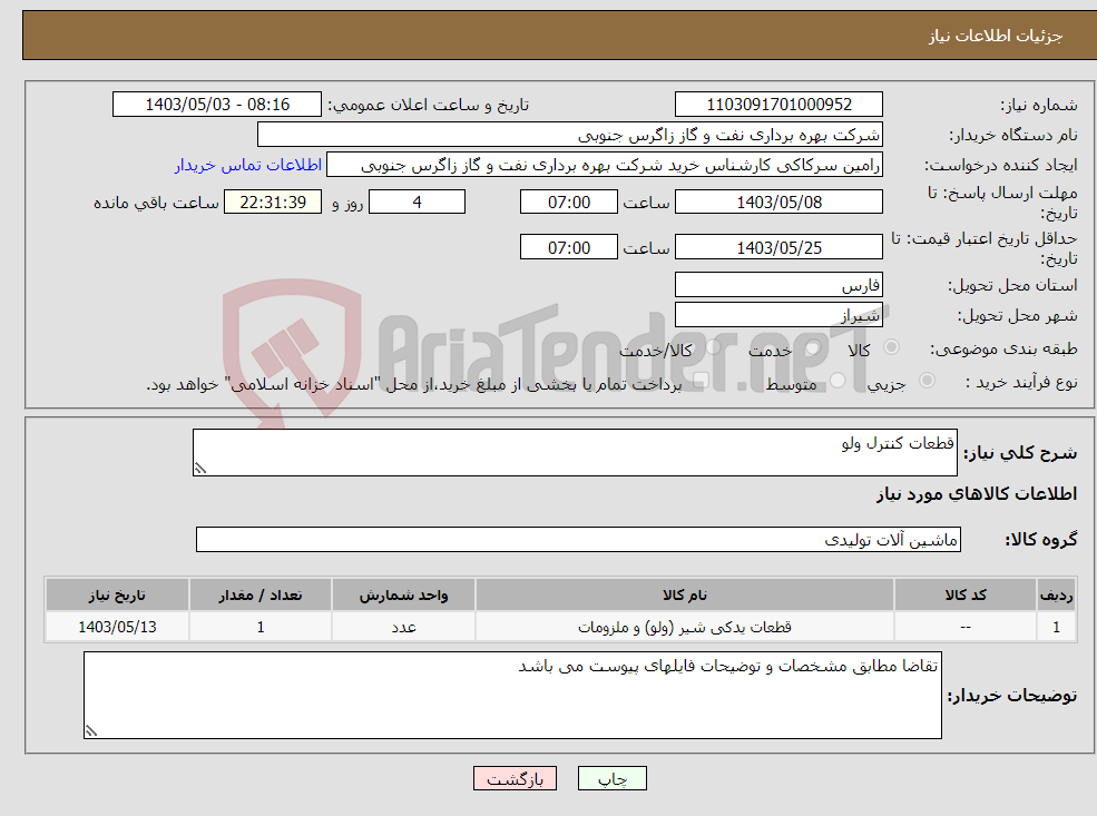 تصویر کوچک آگهی نیاز انتخاب تامین کننده-قطعات کنترل ولو