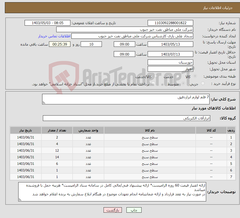 تصویر کوچک آگهی نیاز انتخاب تامین کننده-7 قلم لوازم ابزاردقیق