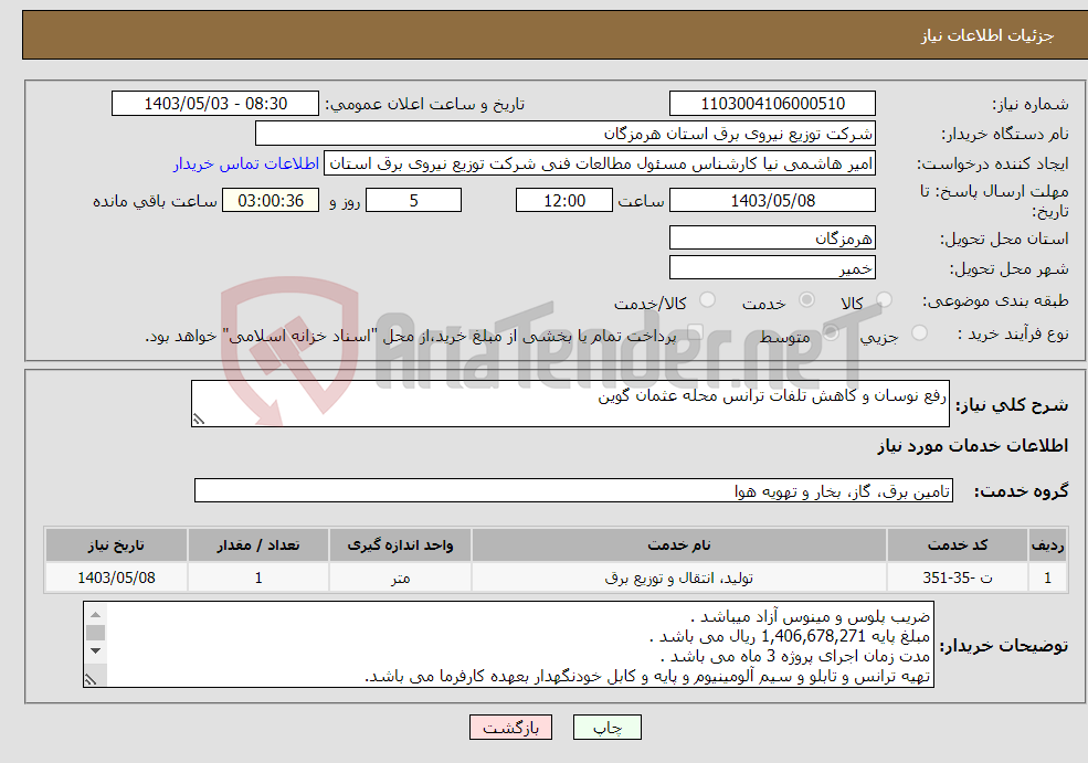 تصویر کوچک آگهی نیاز انتخاب تامین کننده-رفع نوسان و کاهش تلفات ترانس محله عثمان گوین