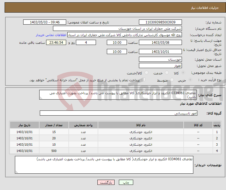 تصویر کوچک آگهی نیاز انتخاب تامین کننده-تقاضای 0334061 الکترود و ابزار جوشکاری( کالا مطابق با پیوست می باشد/ پرداخت بصورت اعتباری می باشد)
