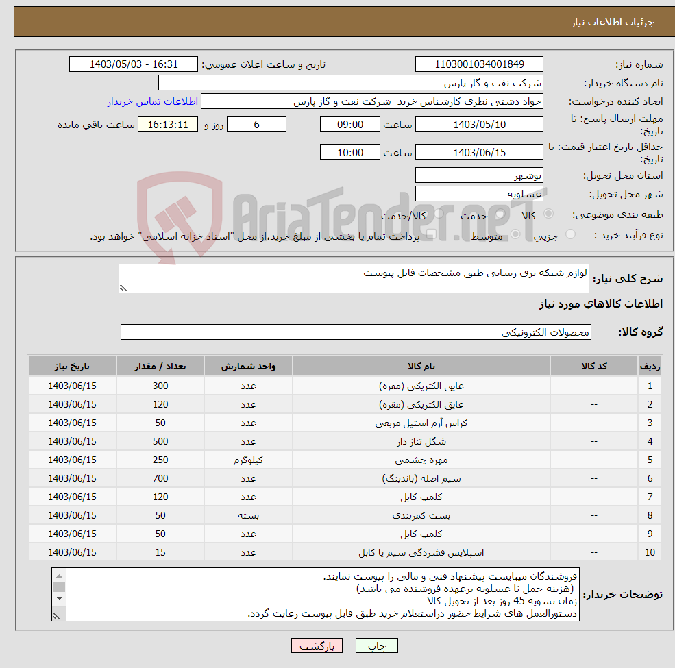 تصویر کوچک آگهی نیاز انتخاب تامین کننده-لوازم شبکه برق رسانی طبق مشخصات فایل پیوست