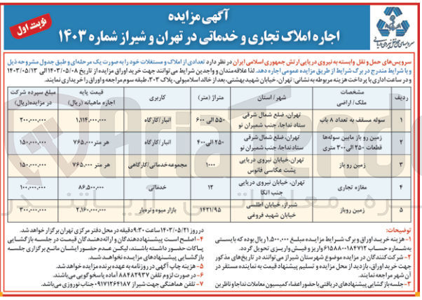 تصویر کوچک آگهی اجاره تعدادی از املاک و مستغلات تجاری و خدماتی خود در تهران و شیراز در 5 ردیف شامل:
1- سوله مسقف به تعداد 8 باب با کاربری انبار/کارگاه
2- زمین رو باز مابین سوله ها قطعات 250 الی 300 متری با کاربری انبار/کارگاه
3- زمین روباز با کاربری مجموعه خدماتی/کارگاهی
4- مغازه تجاری با کاربری خدماتی
5- زمین روباز با کاربری بازار میوه و تره بار