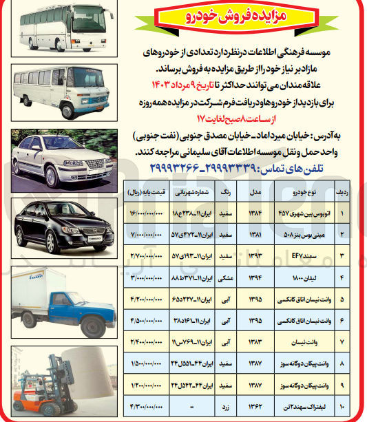 تصویر کوچک آگهی فروش تعدادی از خودروهای مازاد :
اتوبوس بین شهری ۴۵۷ 
مینی بوس بنز ۵۰۸
سمند EF۷ ۱۳۹۳ سفید
لیفان ۱۸۰۰
وانت نیسان اتاق کانکسی
وانت نیسان اتاق کانکسی 
وانت نیسان
وانت پیکان دوگانه سوز
وانت پیکان دوگانه سوز
لیفتراک سهند ۲ تن