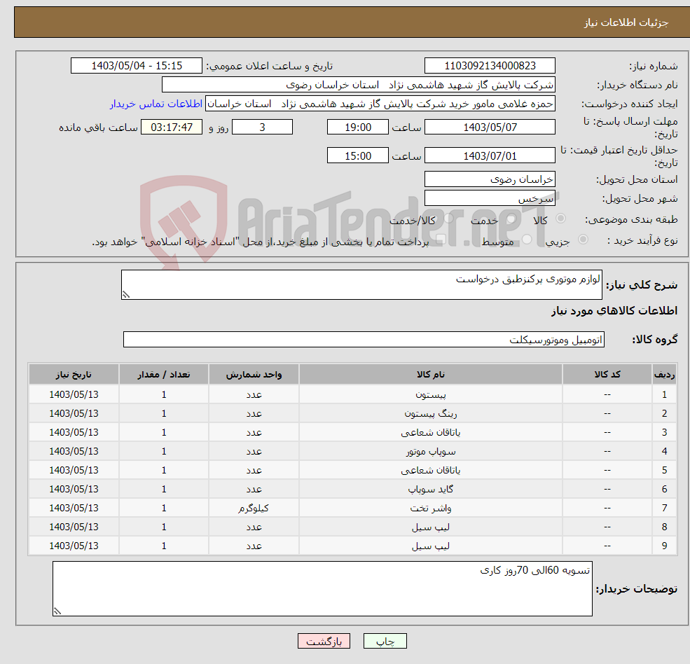 تصویر کوچک آگهی نیاز انتخاب تامین کننده-لوازم موتوری پرکنزطبق درخواست