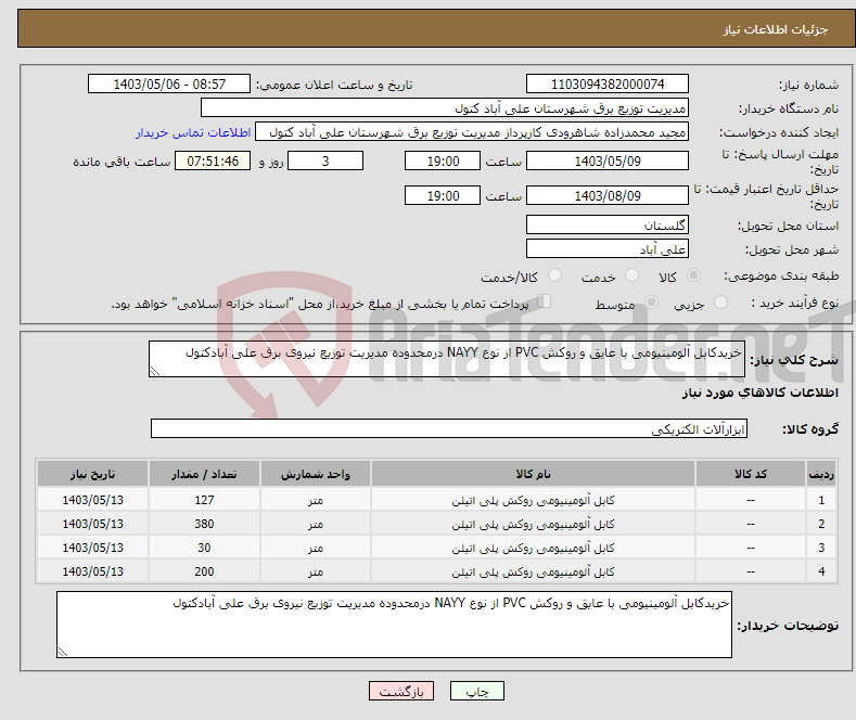 تصویر کوچک آگهی نیاز انتخاب تامین کننده-خریدکابل آلومینیومی با عایق و روکش PVC از نوع NAYY درمحدوده مدیریت توزیع نیروی برق علی آبادکتول 