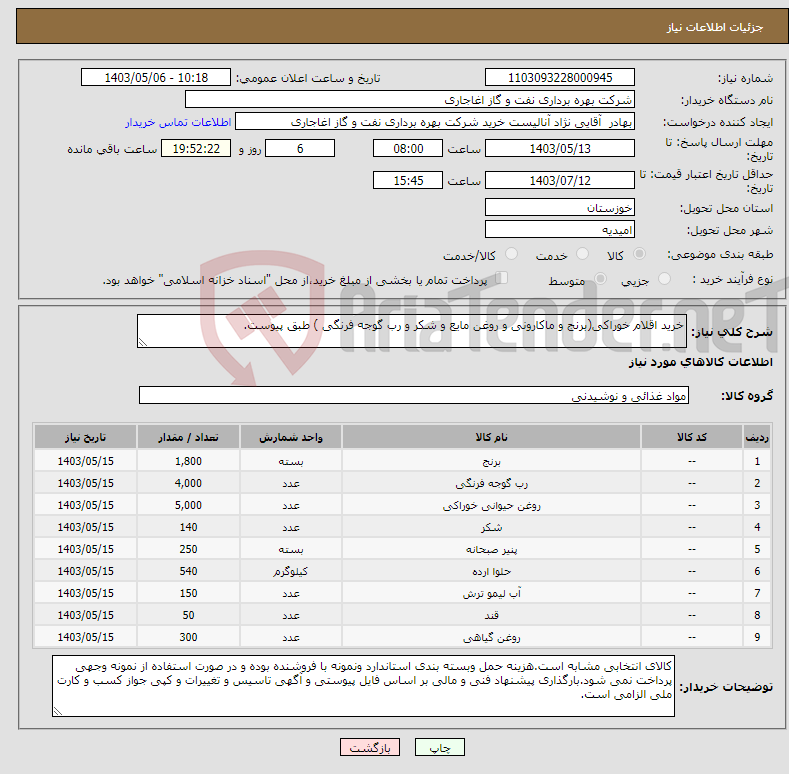 تصویر کوچک آگهی نیاز انتخاب تامین کننده-خرید اقلام خوراکی(برنج و ماکارونی و روغن مایع و شکر و رب گوجه فرنگی ) طبق پیوست.
