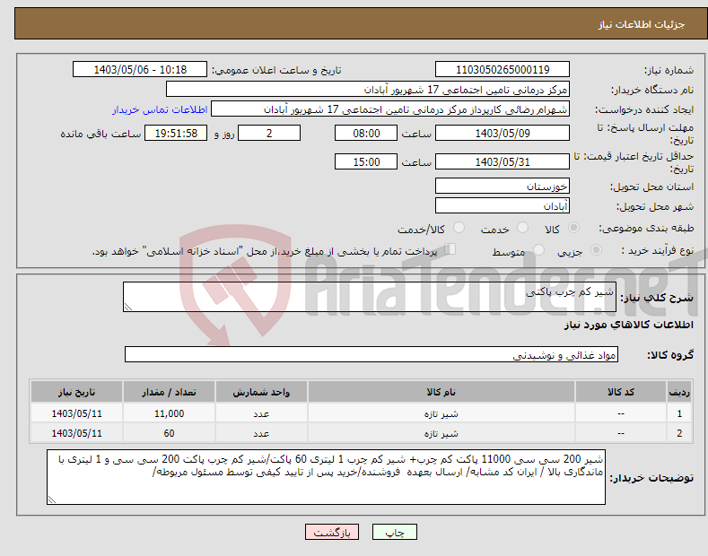 تصویر کوچک آگهی نیاز انتخاب تامین کننده-شیر کم چرب پاکتی