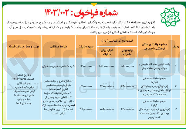تصویر کوچک آگهی واگذاری واحد تجاری موزه آثار طبیعی و حیات وحش هفت چنار