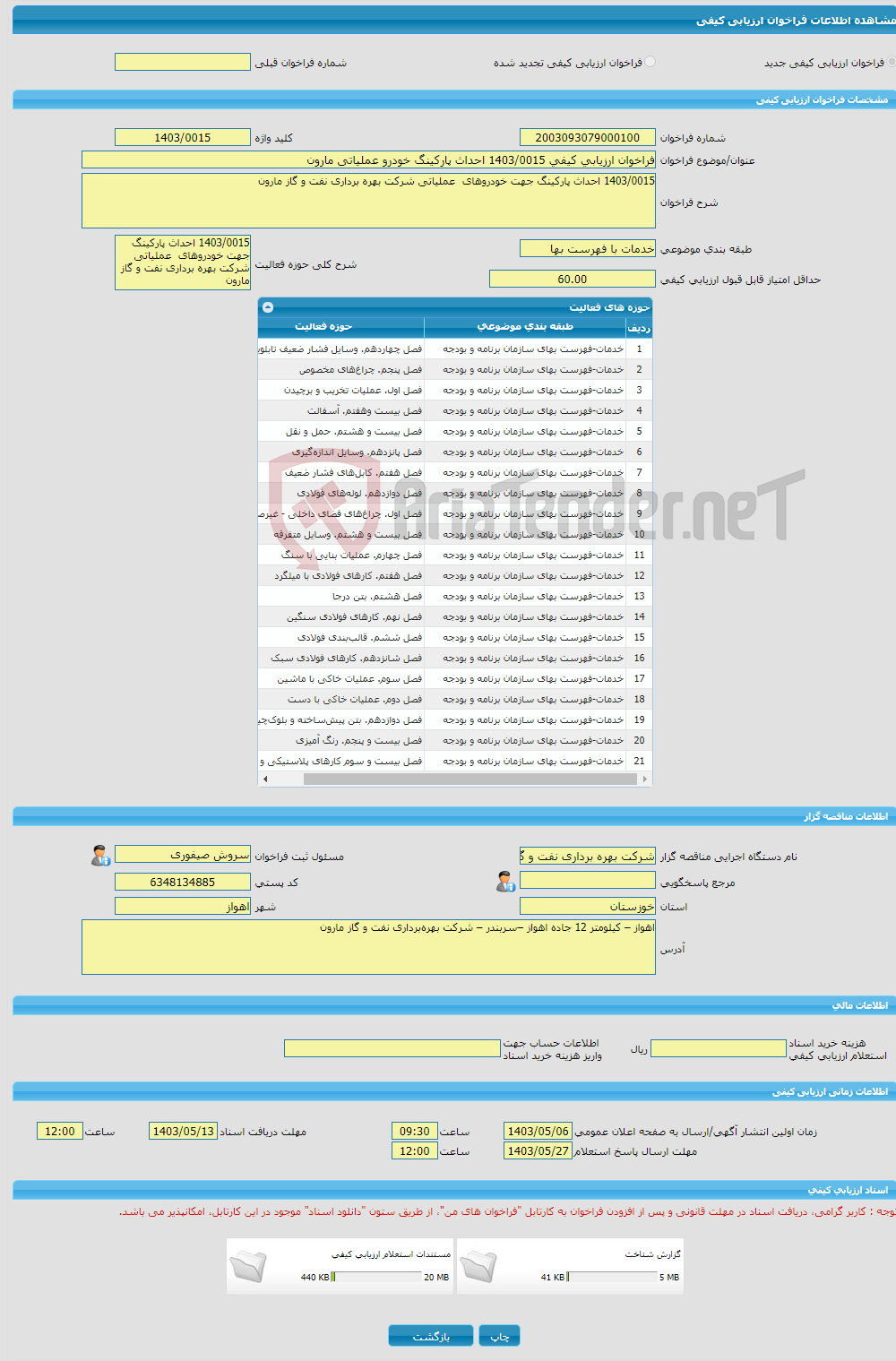 تصویر کوچک آگهی فراخوان ارزیابی کیفی 1403/0015 احداث پارکینگ خودرو عملیاتی مارون