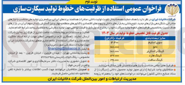 تصویر کوچک آگهی فراخوان عمومی استفاده از ظرفیت های خطوط تولید سیگارت سازی :
با هدف حمایت همه جانب از تقویت تولید داخلی، صادرات هدفمند برندهای ایرانی، برنامه ریزی تولید ملی متناسب با نیازهای صادراتی، شکل دهی بازارهای جدید، تنوع بخشی به بازارهای داخلی و پیوند های اقتصادی با کشورهای منطقه و جهان و نیز گسترش پایدار سهم ایران در بازارهای هدف نسبت به تخصیص ظرفیت های خطوط تولید سیگارت خود به شرح جدول ذیل:
سوپر اسلیم 14400 کارتن
نانو 108000 کارتن
کینگ راندکرنر 108000 کارتن
کینگ هارد 132000 کارتن
کینگ سافت 36000 کارتن