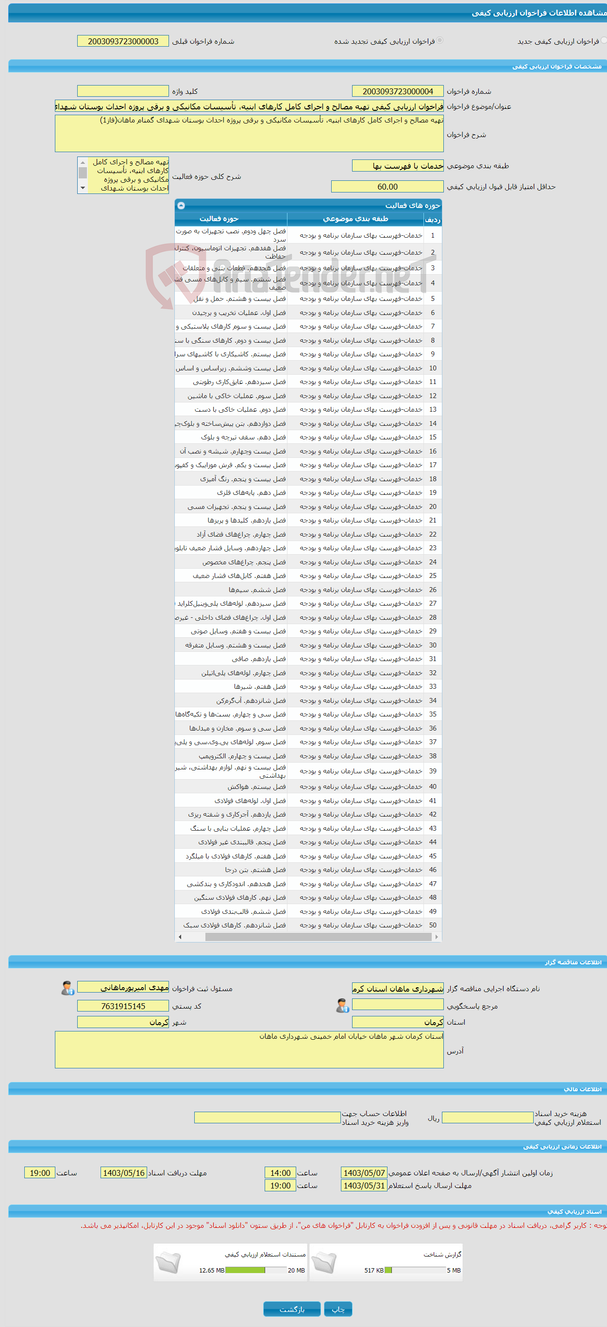 تصویر کوچک آگهی فراخوان ارزیابی کیفی تهیه مصالح و اجرای کامل کارهای ابنیه، تأسیسات مکانیکی و برقی پروژه احداث بوستان شهدای گمنام ماهان(فاز1)