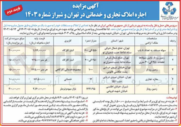 تصویر کوچک آگهی اجاره تعدادی از املاک در 5 ردیف باکاربری :انبار/کارگاه 
خدماتی /کارگاهی -خدماتی -بازار میوه و تره بار 