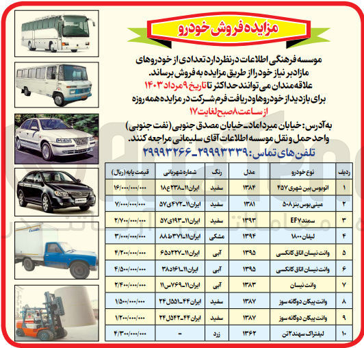 تصویر کوچک آگهی فروش تعدادی از خودرو های مازاد در 10 ردیف شامل :
وانت نیسان -لیفان -مینی بوس -اتوبوس بین شهری و....