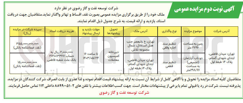 تصویر کوچک آگهی واگذاری زمین به مساحت 2796 متر و دو باب آپارتمان به مساحت 298/66 متر (تجمیعی)