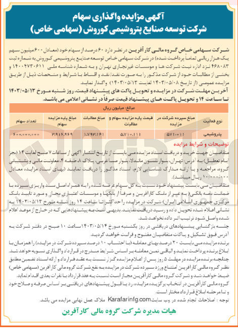 تصویر کوچک آگهی فروش ۶۰ درصد از سهام خود (معادل ۶۰۰ میلیون سهم یک هزار ریالی تماما پرداخت شده)