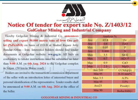 تصویر کوچک آگهی announces selling and export 50.000 metric tons of Iron Ore pel- let (%Fe:65.8) 