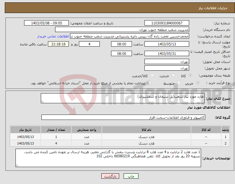 تصویر کوچک آگهی نیاز انتخاب تامین کننده-هارد مورد نیاز شعب(پل سیمان و شمشیری)