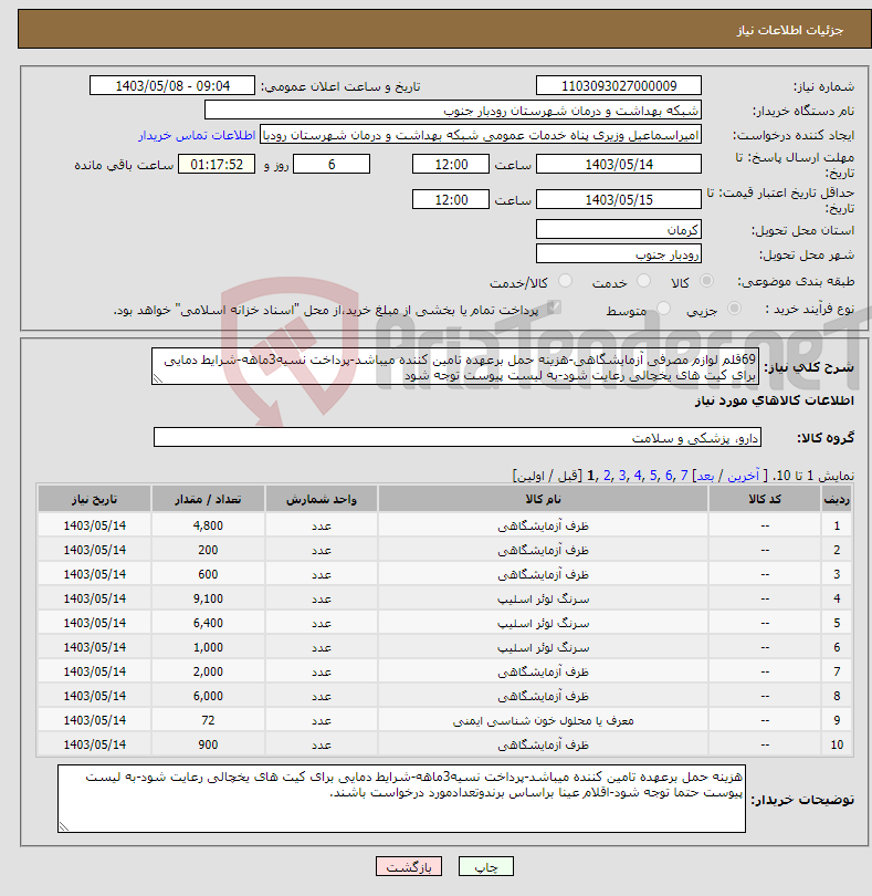 تصویر کوچک آگهی نیاز انتخاب تامین کننده-69قلم لوازم مصرفی آزمایشگاهی-هزینه حمل برعهده تامین کننده میباشد-پرداخت نسیه3ماهه-شرایط دمایی برای کیت های یخچالی رعایت شود-به لیست پیوست توجه شود