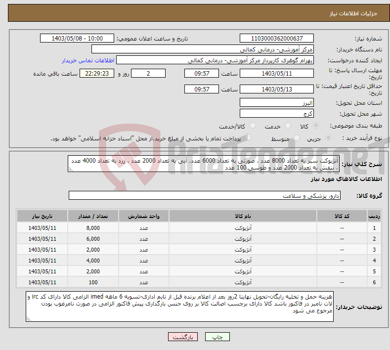 تصویر کوچک آگهی نیاز انتخاب تامین کننده-آنژیوکت سبز به تعداد 8000 عدد ، صورتی به تعداد 6000 عدد، آبی به تعداد 2000 عدد ، زرد به تعداد 4000 عدد ، بنفش به تعداد 2000 عدد و طوسی 100 عدد