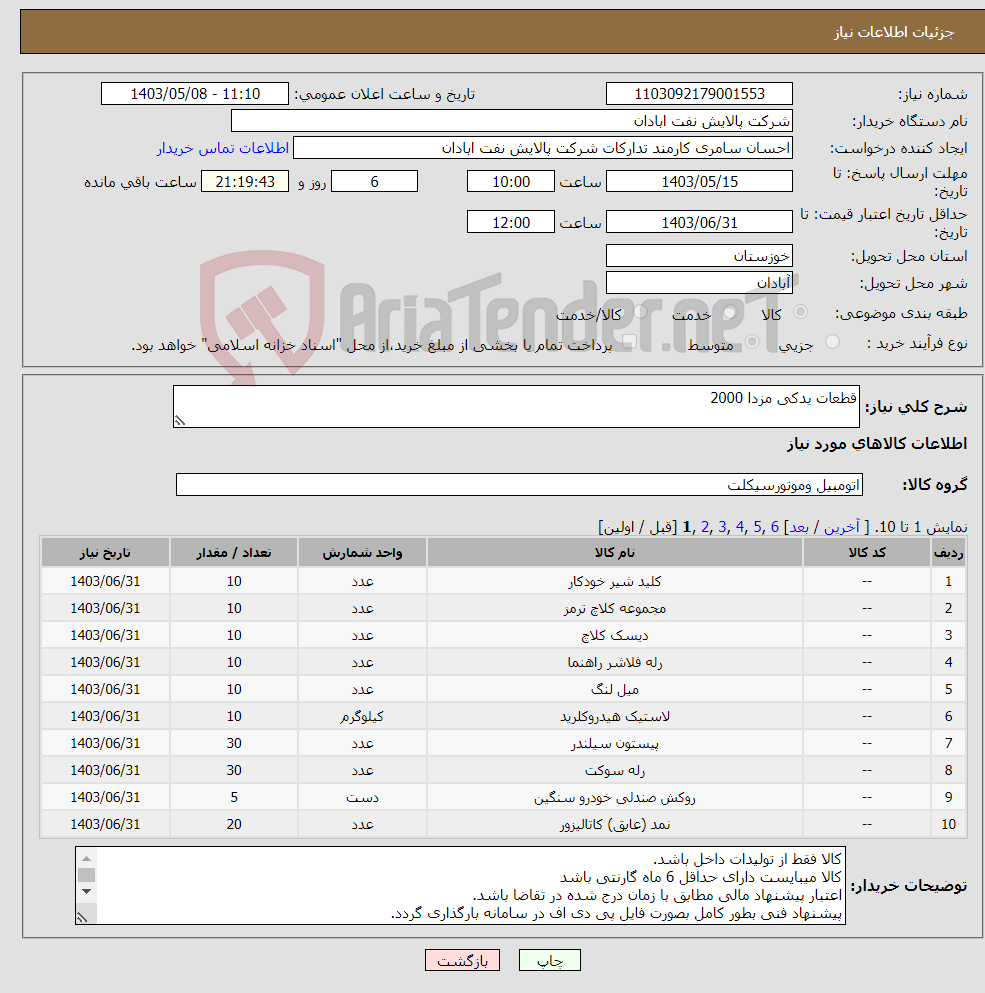 تصویر کوچک آگهی نیاز انتخاب تامین کننده-قطعات یدکی مزدا 2000