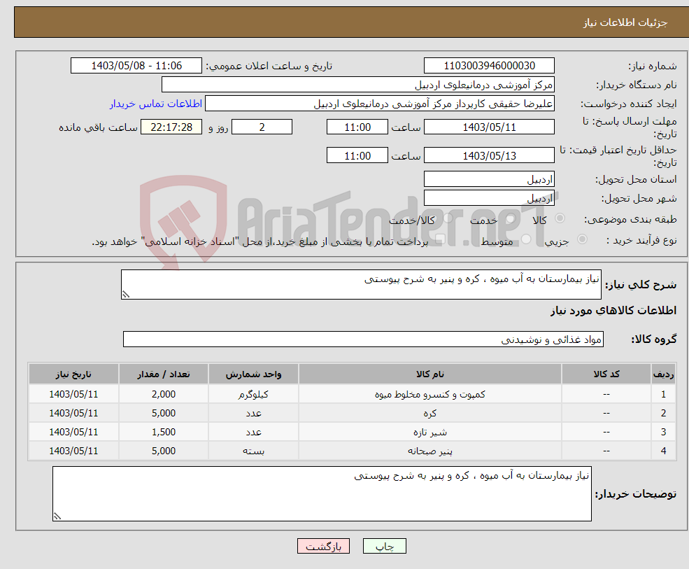 تصویر کوچک آگهی نیاز انتخاب تامین کننده-نیاز بیمارستان به آب میوه ، کره و پنیر به شرح پیوستی