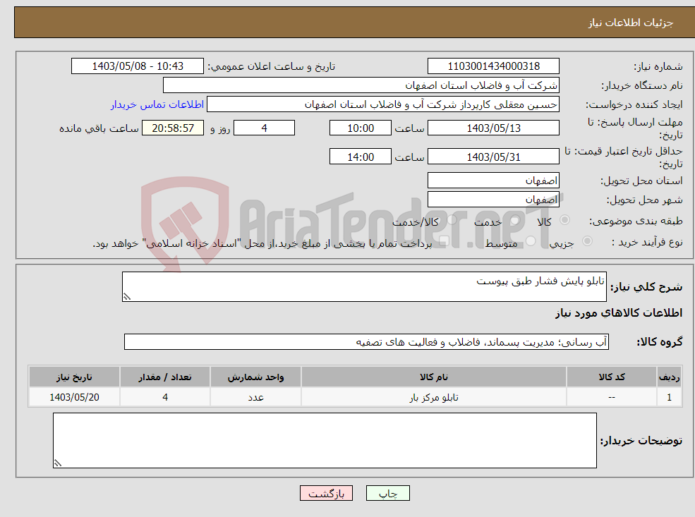 تصویر کوچک آگهی نیاز انتخاب تامین کننده-تابلو پایش فشار طبق پیوست 