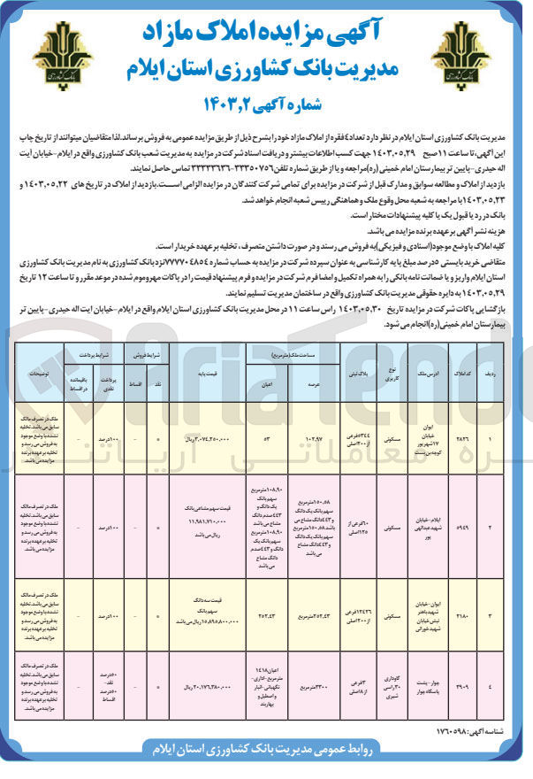 تصویر کوچک آگهی فروش تعداد 4 فقره از املاک مازاد خود با کاربری مسکونی و گاوداری