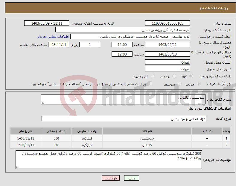 تصویر کوچک آگهی نیاز انتخاب تامین کننده-سوسیس کالباس 