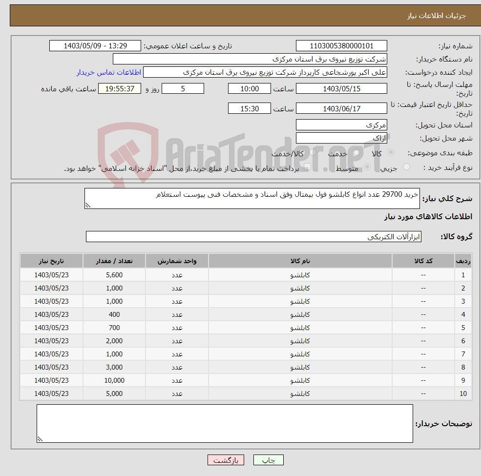 تصویر کوچک آگهی نیاز انتخاب تامین کننده-خرید 29700 عدد انواع کابلشو فول بیمتال وفق اسناد و مشخصات فنی پیوست استعلام 
