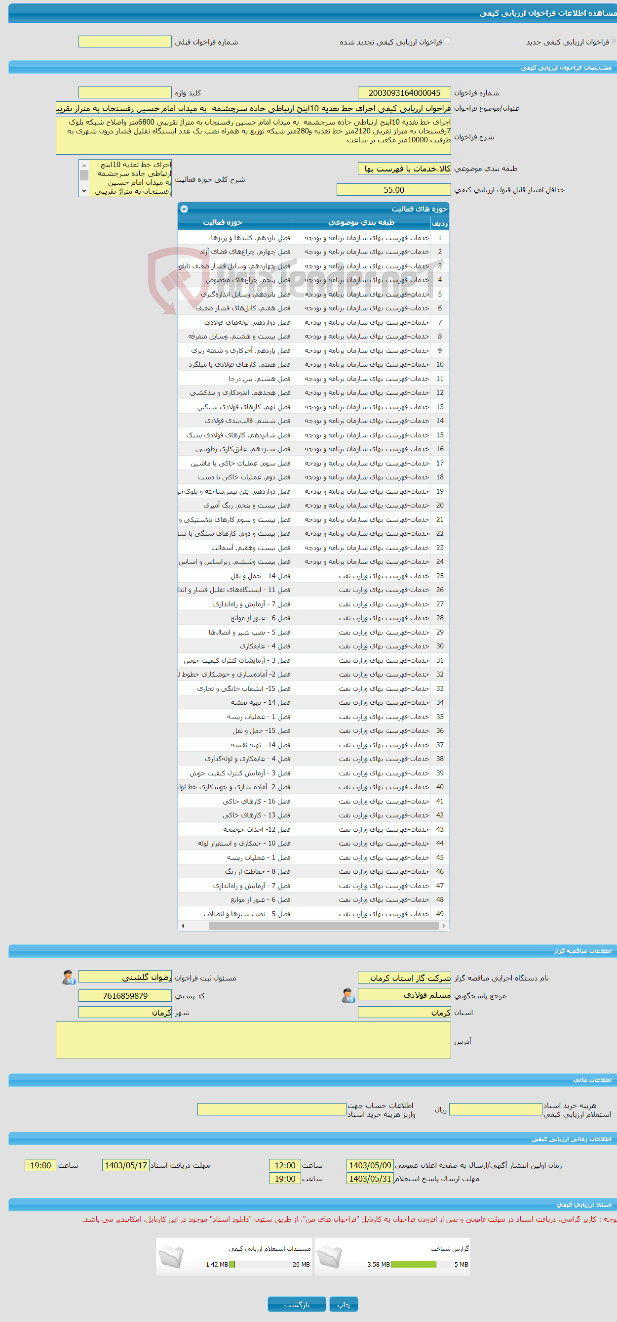 تصویر کوچک آگهی فراخوان ارزیابی کیفی اجرای خط تغذیه 10اینچ ارتباطی جاده سرچشمه به میدان امام حسین رفسنجان به متراژ تقریبی 6800مترشبکه بلوک 7رفسنجان متراژ 2120تغذیه و.