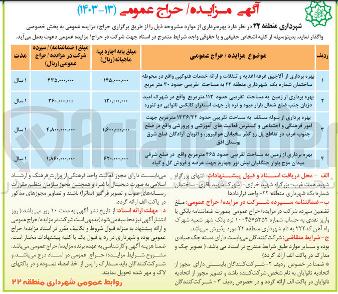 تصویر کوچک آگهی بهره برداری از آلاچیق غرفه اغذیه و تنقلات و ارائه خدمات فتوکپی -بهره بهره برداری از زمین به مساحت حدود 112 مترمربع -بهره برداری از سوله مسقف به مساحت حدود 1336/32 متر مربع -بهره برداری از زمین به مساحت حدود 465 متر مربع 