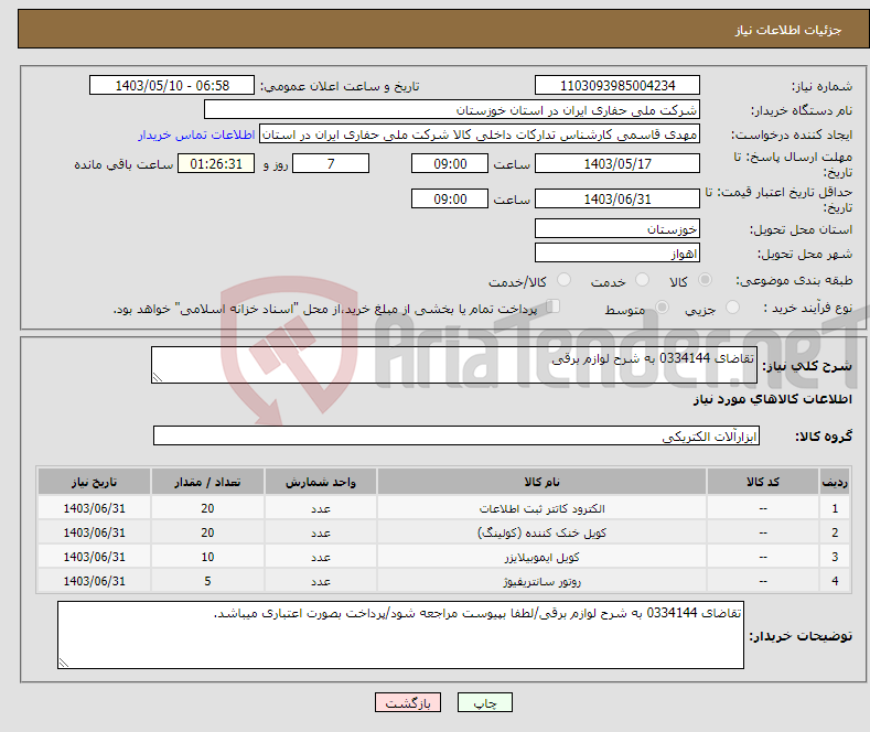 تصویر کوچک آگهی نیاز انتخاب تامین کننده-تقاضای 0334144 به شرح لوازم برقی